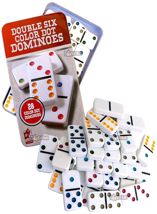 Toyshine Double 6 Color Dot Dominoes Tile Game Set,Classic 28 Pieces in Tin Case,Match and Fun Game for Kid - Image 1
