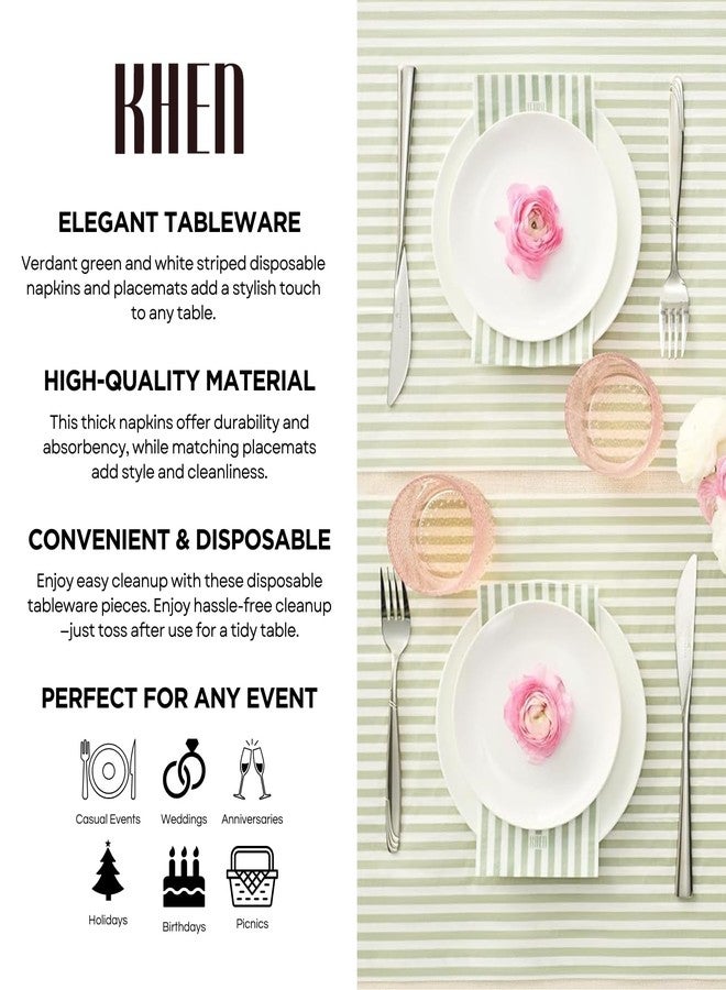 Khen Striped Disposable Napkins & Placemats – 3-Ply Paper Tableware for Parties, BBQs, Picnics, Birthdays & Holiday Gatherings – Elegant & Absorbent Dinner Napkins with Matching Placemats - Green Set of 50 - Image 5