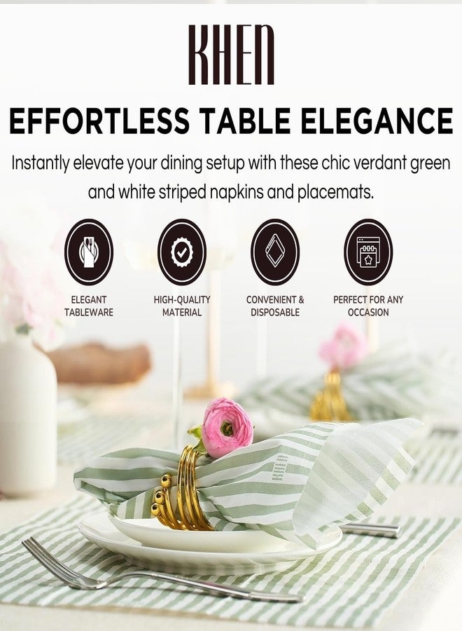 Khen Striped Disposable Napkins & Placemats – 3-Ply Paper Tableware for Parties, BBQs, Picnics, Birthdays & Holiday Gatherings – Elegant & Absorbent Dinner Napkins with Matching Placemats - Green Set of 50 - Image 4