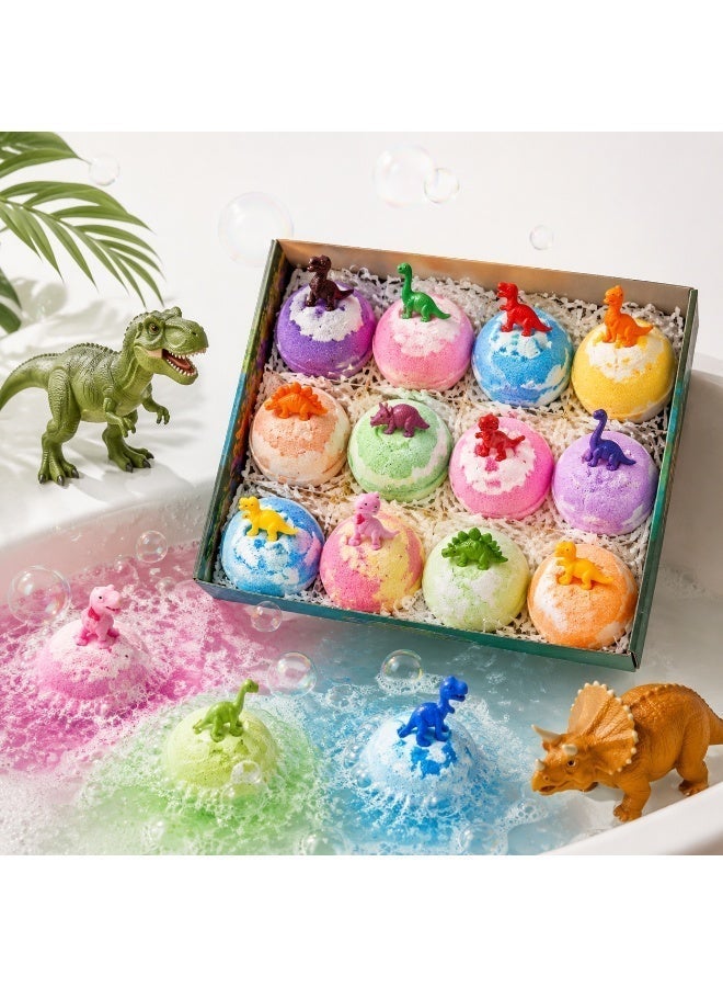 12PCS Dinosaur Kids Bath Bombs Gift Box, Scented Bubble Bath Fizzers With Surprise Dino Mini Figurines, Gentle Moisturizing Bath Salt Balls, Eid Birthday Spa Gift for Boys Girls - Image 1