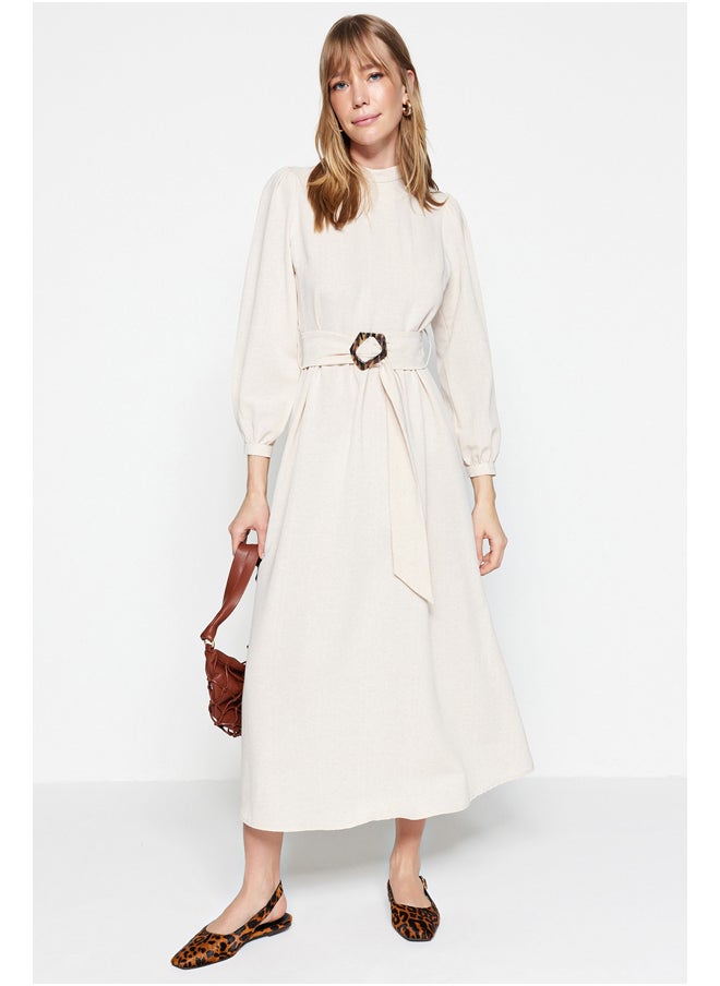 trendyol - Ecru Belted High Neck Linen Look Woven Dress TCTSS23EB00018 - Image 1