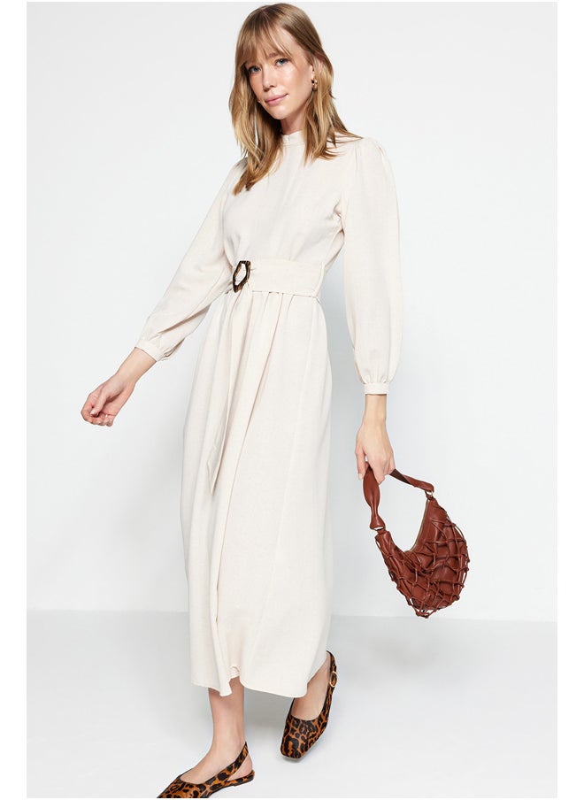 trendyol - Ecru Belted High Neck Linen Look Woven Dress TCTSS23EB00018 - Image 1