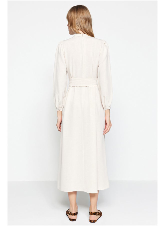 trendyol - Ecru Belted High Neck Linen Look Woven Dress TCTSS23EB00018 - Image 1