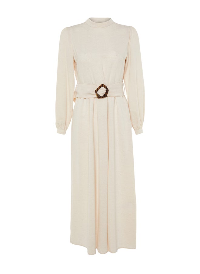 trendyol - Ecru Belted High Neck Linen Look Woven Dress TCTSS23EB00018 - Image 1