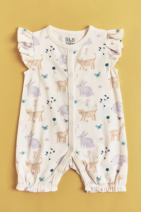 أر أند بي Embroidered Rompers with Crew Neck and Ruffle Sleeves