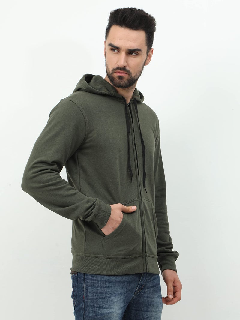 Wafaa Men's Cotton Plain Hooded Neck Full Zipper Black & Olive Green Color Sweatshirt Hoodies with Kangaroo Pocket S Size - (Pack of 2) - Image 3