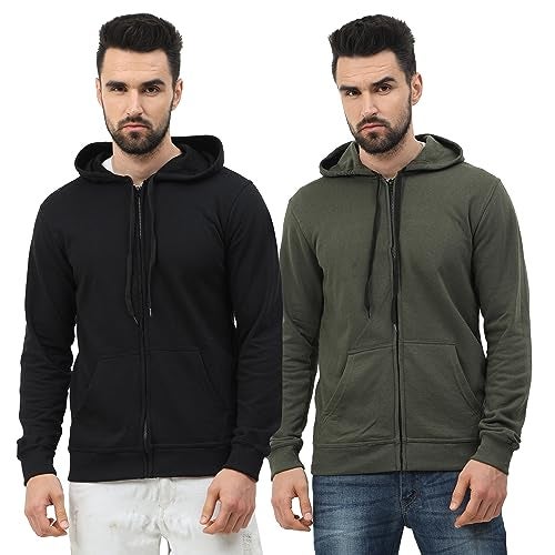 Wafaa Men's Cotton Plain Hooded Neck Full Zipper Black & Olive Green Color Sweatshirt Hoodies with Kangaroo Pocket S Size - (Pack of 2) - Image 1