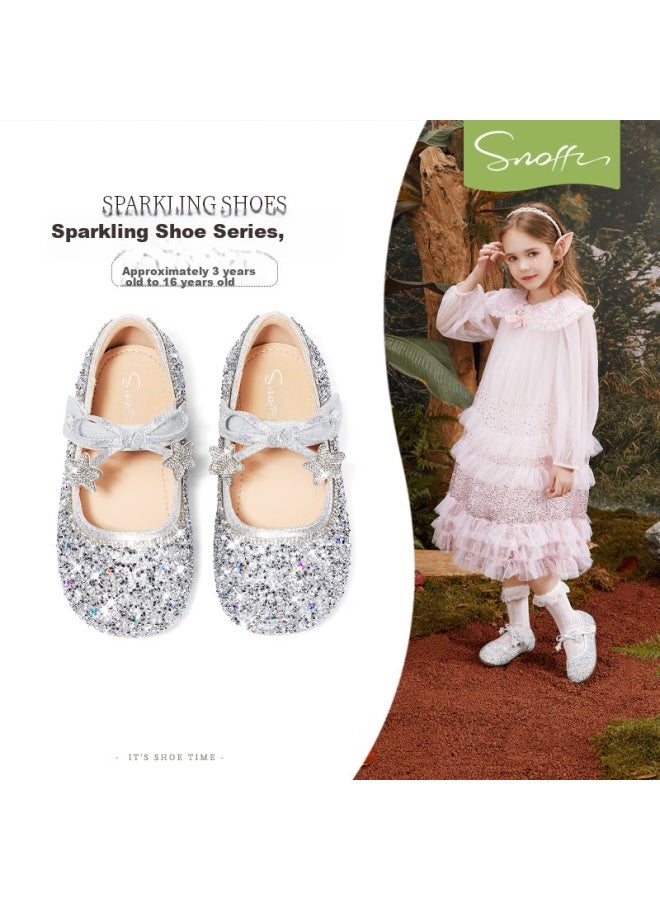 Snoffy Crystal Shoes For Children, Spring And Autumn Girls' Shiny Princess Shoes, Starry Sky Silver, Size 31 - Image 1