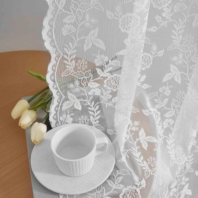 FINECITY White Lace Curtains 63 Inch Length for Bedroom, Rustic Leaf Floral Design Lace Curtain Panels, Rod Pocket Farmhouse Privacy Sheer Lace Curtains, 42 x 63 Inch, 2 Panels, White - Image 1