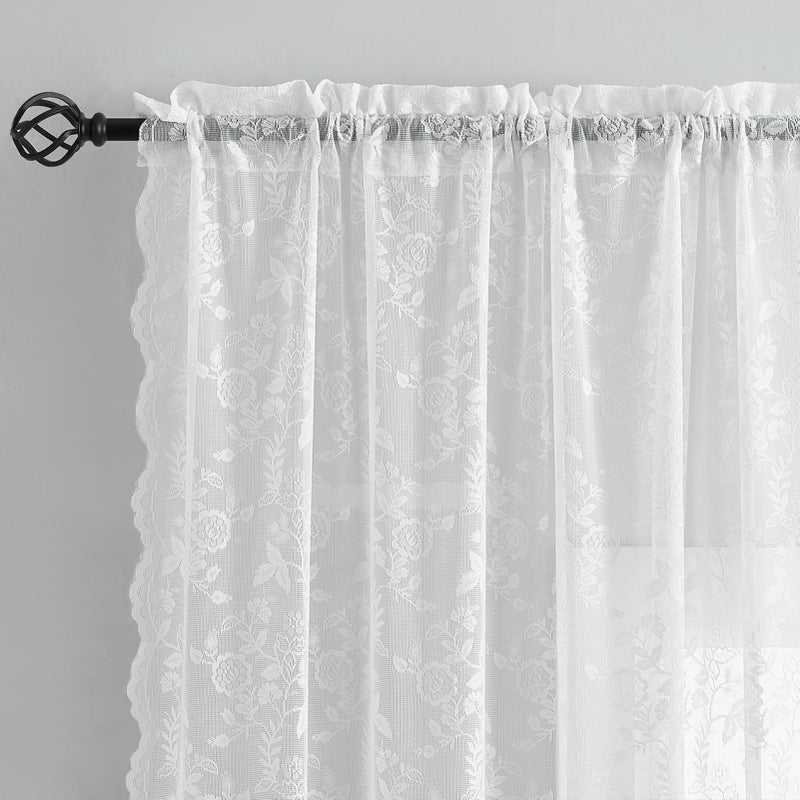 FINECITY White Lace Curtains 63 Inch Length for Bedroom, Rustic Leaf Floral Design Lace Curtain Panels, Rod Pocket Farmhouse Privacy Sheer Lace Curtains, 42 x 63 Inch, 2 Panels, White - Image 2