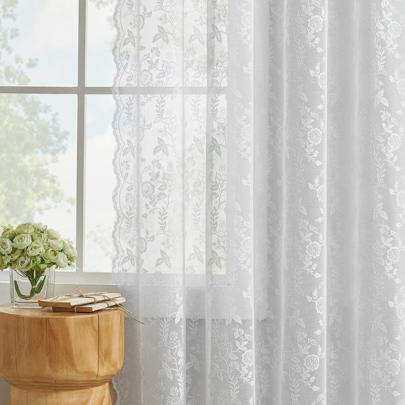 FINECITY White Lace Curtains 63 Inch Length for Bedroom, Rustic Leaf Floral Design Lace Curtain Panels, Rod Pocket Farmhouse Privacy Sheer Lace Curtains, 42 x 63 Inch, 2 Panels, White - Image 4