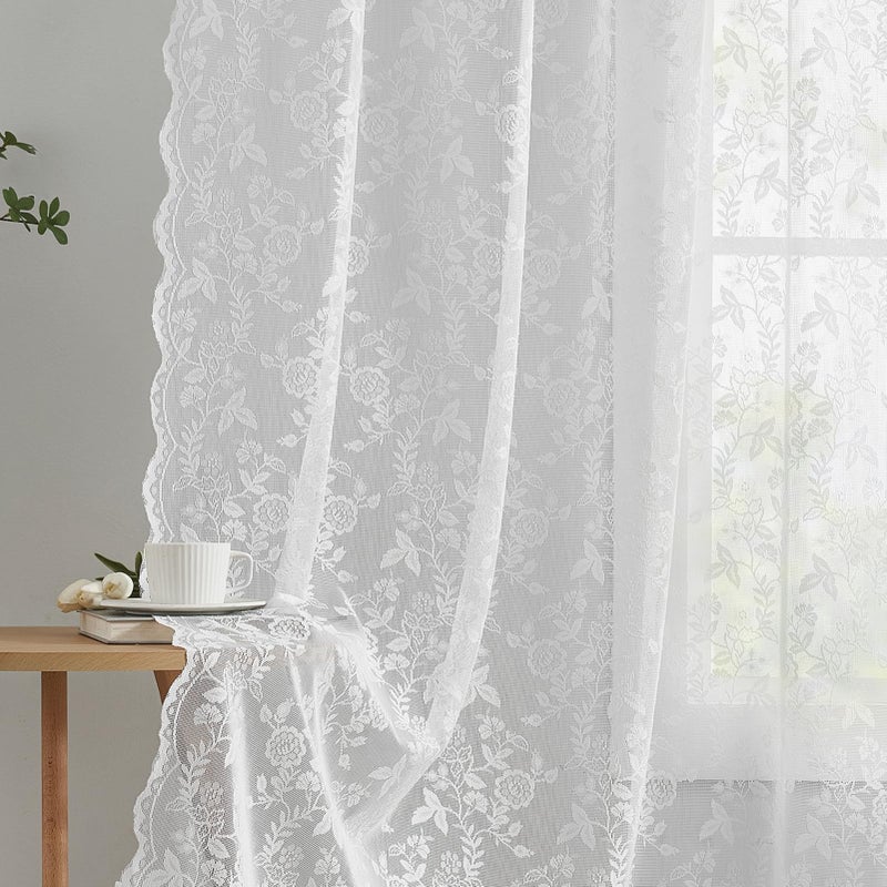 FINECITY White Lace Curtains 63 Inch Length for Bedroom, Rustic Leaf Floral Design Lace Curtain Panels, Rod Pocket Farmhouse Privacy Sheer Lace Curtains, 42 x 63 Inch, 2 Panels, White - Image 5