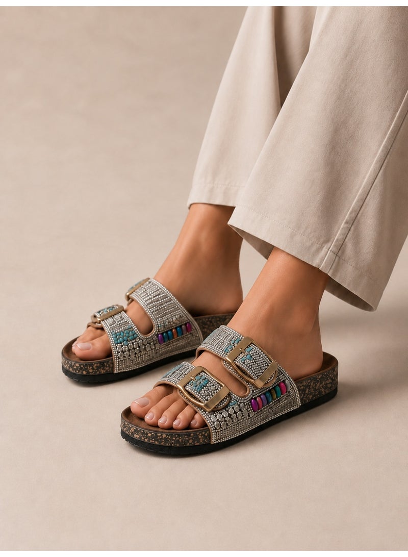 LIFESTYLISH slippers leather flat Decorated with colored stones SL-235 - Havan - Image 4