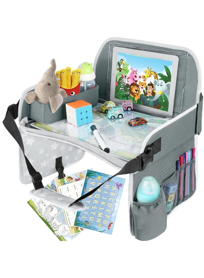 MENZOKE Kids Travel Tray Car Seat Tray for Boys or Girls Travel Gifts with Educational Drawing Board, Tablet Holder & Cooler Cup Holder, Road Trip Essentials for Car Trip, Airplane, Grey - Image 1