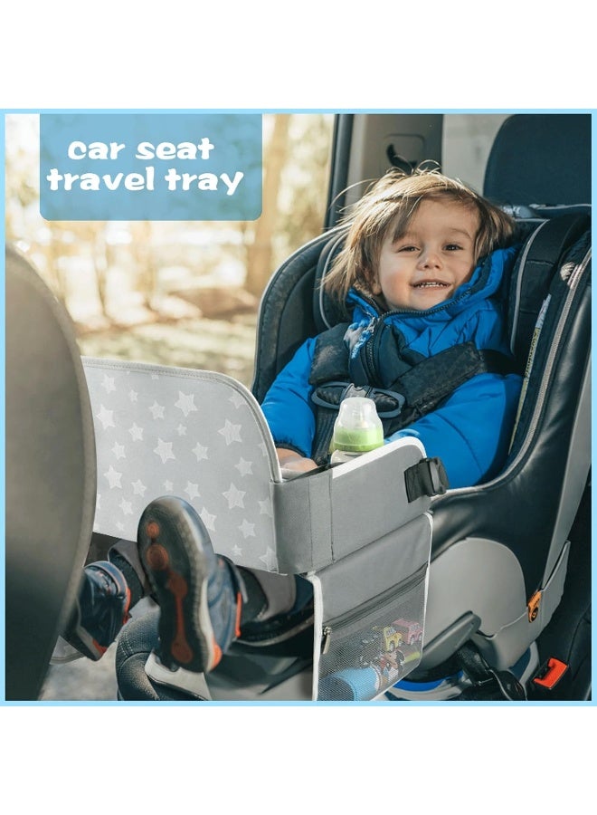 MENZOKE Kids Travel Tray Car Seat Tray for Boys or Girls Travel Gifts with Educational Drawing Board, Tablet Holder & Cooler Cup Holder, Road Trip Essentials for Car Trip, Airplane, Grey - Image 2