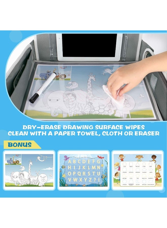 MENZOKE Kids Travel Tray Car Seat Tray for Boys or Girls Travel Gifts with Educational Drawing Board, Tablet Holder & Cooler Cup Holder, Road Trip Essentials for Car Trip, Airplane, Grey - Image 3