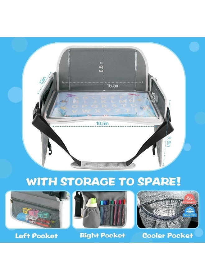 MENZOKE Kids Travel Tray Car Seat Tray for Boys or Girls Travel Gifts with Educational Drawing Board, Tablet Holder & Cooler Cup Holder, Road Trip Essentials for Car Trip, Airplane, Grey - Image 4