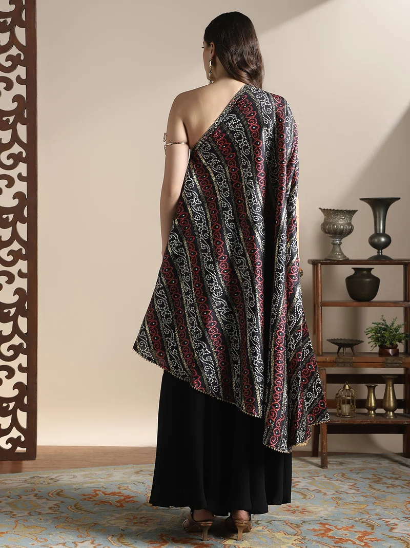 globus  Globus Women Black One Shoulder Extended Sleeves Asymmetric Hem Bandhani Printed Kurta With Flared Palazzos Fusion Coords Set for Women | Best Price UAE