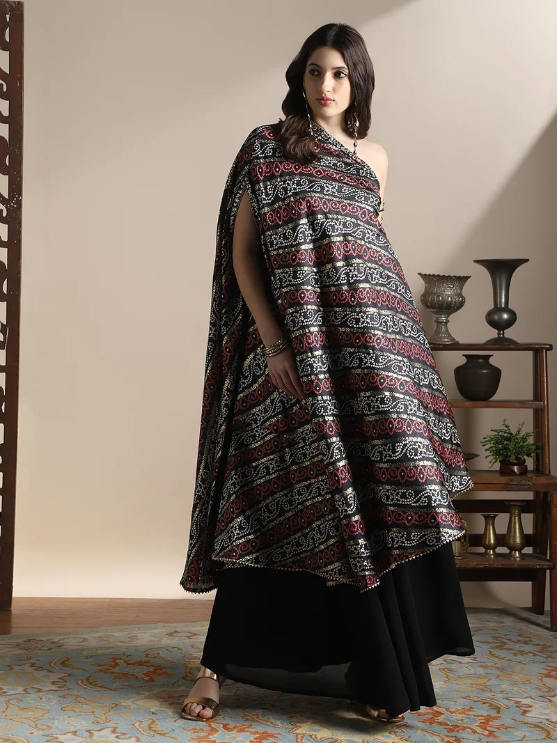 globus  Globus Women Black One Shoulder Extended Sleeves Asymmetric Hem Bandhani Printed Kurta With Flared Palazzos Fusion Coords Set for Women | Best Price UAE