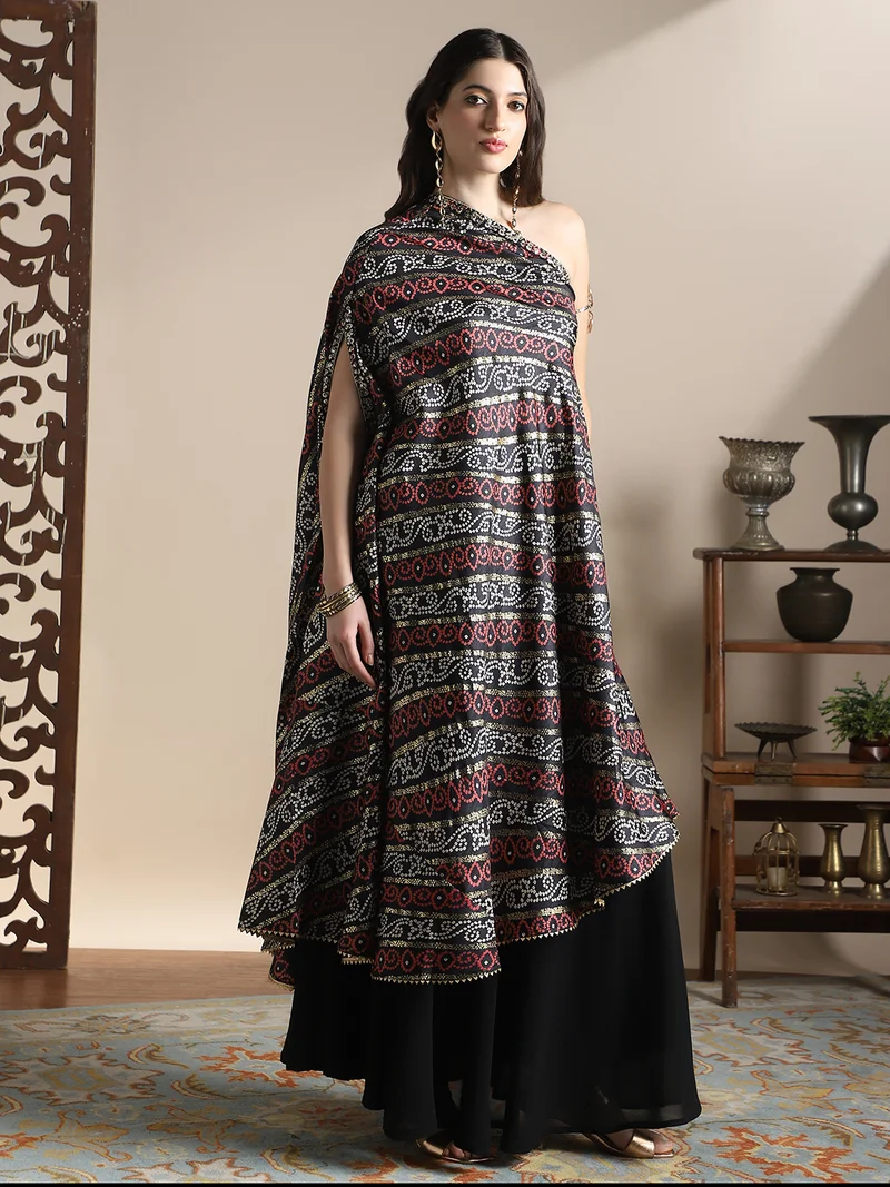 globus  Globus Women Black One Shoulder Extended Sleeves Asymmetric Hem Bandhani Printed Kurta With Flared Palazzos Fusion Coords Set for Women | Best Price UAE