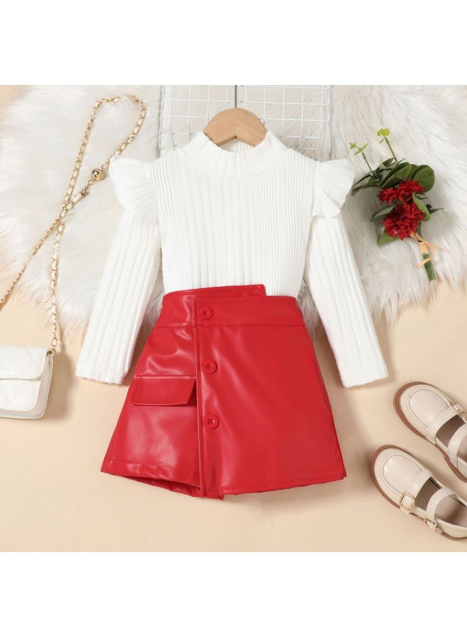 طقم للبنات الصغيرات لخريف وشتاء من قطعتين: قميص محبوك برقبة عالية بأكمام طائرة وبنطال فستان جلد PU غير منتظم