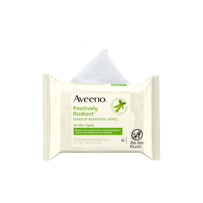 Aveeno Positively Radiant Alcohol Free Makeup Removing Wipes for Face, Ultra Soft, Gentle, Non-Comedogenic Facial Cleansing Wipes Leave Skin Feeling Clean & Soft, Sulfate Free, 25 Ct​