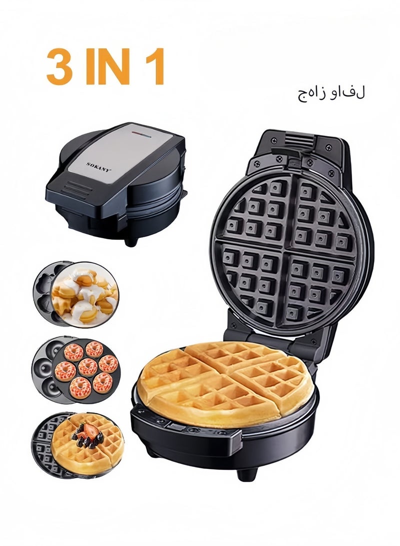 sokany 3-In-1 Non-Stick Snacks Maker with Waffle Plate/Cartoon Cake Plate/Doughnut Plate 600 W SK-08006 Black - Image 1