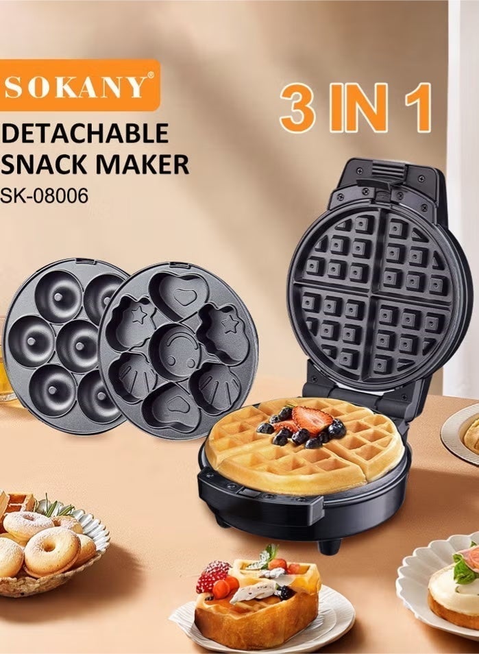 sokany 3-In-1 Non-Stick Snacks Maker with Waffle Plate/Cartoon Cake Plate/Doughnut Plate 600 W SK-08006 Black - Image 2