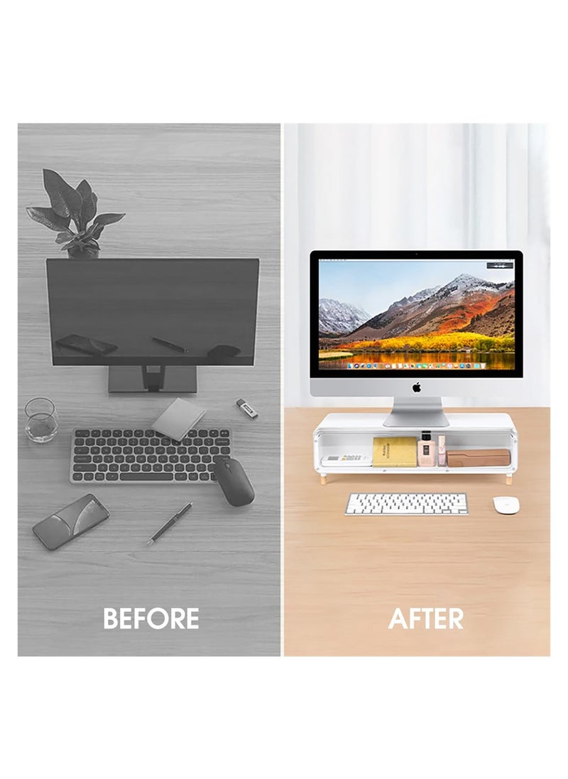 SYOSI - Monitor Stand Riser, Foldable Computer Monitor Riser With  Storage Drawer, Desktop Stand Storage Organizer for iMac, PC, Desktop, Laptop, TV Screen, Printer (White) - Image 1