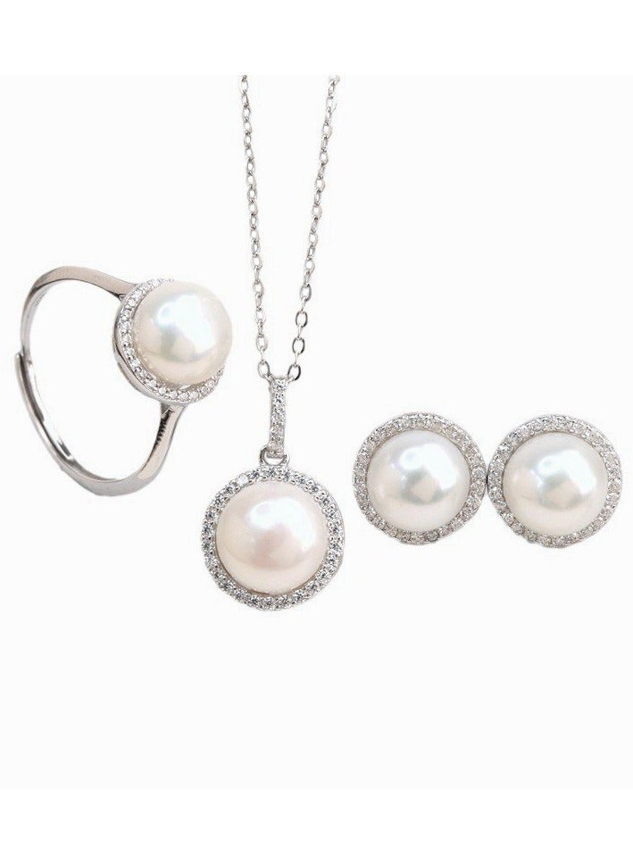 Mark Fairwhale S925 Silver Freshwater Pearl Set Women's Fashion Earnail Necklace Ring Three Piece Set  - Image 1