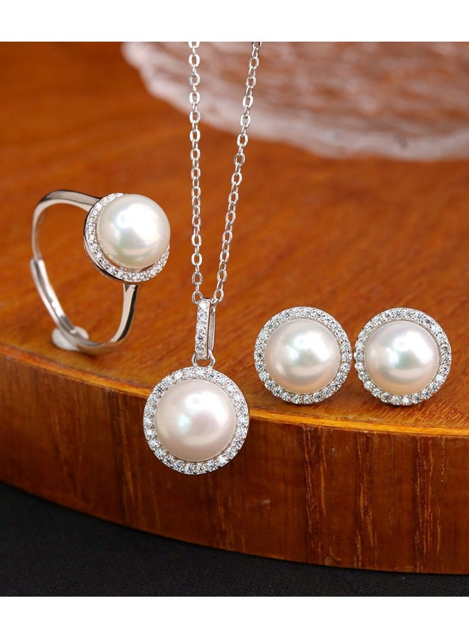 Mark Fairwhale S925 Silver Freshwater Pearl Set Women's Fashion Earnail Necklace Ring Three Piece Set  - Image 2