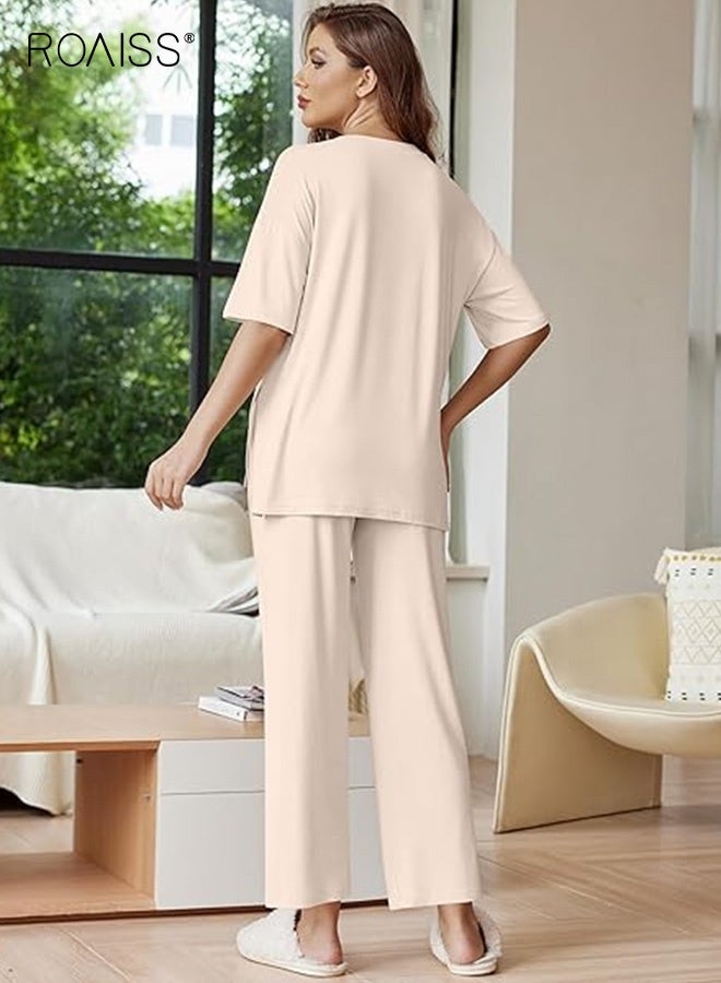 roaiss Women's 2 Piece Casual Suit Outfits Lounge Sets for Loose Short Sleeve Tops and Long Pants Ladies Short-Sleeved Knit Pullover Top Wide-Leg Trousers Soft Comfy Pajamas Set - Image 3