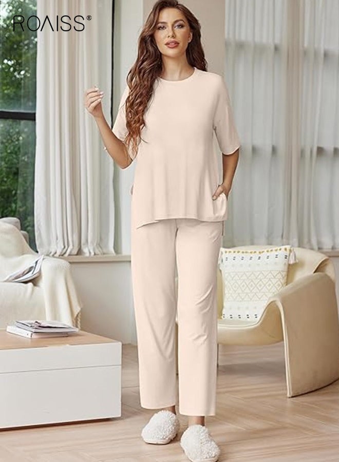 roaiss Women's 2 Piece Casual Suit Outfits Lounge Sets for Loose Short Sleeve Tops and Long Pants Ladies Short-Sleeved Knit Pullover Top Wide-Leg Trousers Soft Comfy Pajamas Set - Image 1