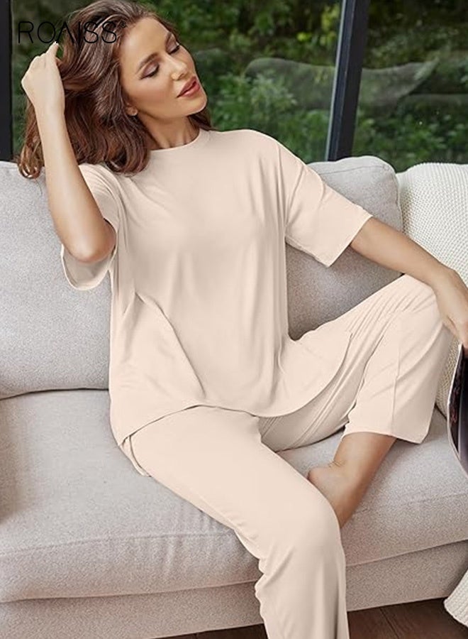 roaiss Women's 2 Piece Casual Suit Outfits Lounge Sets for Loose Short Sleeve Tops and Long Pants Ladies Short-Sleeved Knit Pullover Top Wide-Leg Trousers Soft Comfy Pajamas Set - Image 2