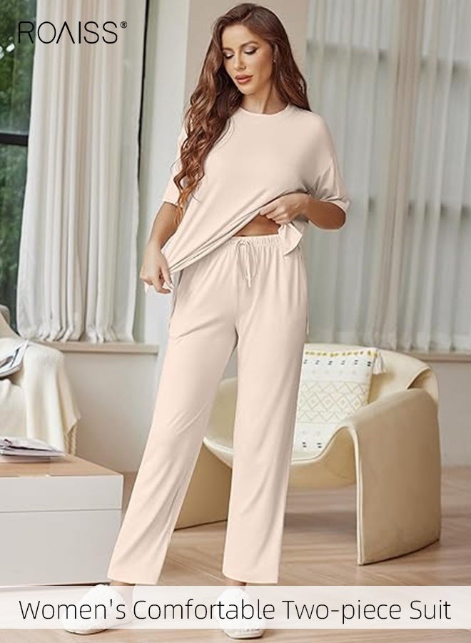 roaiss Women's 2 Piece Casual Suit Outfits Lounge Sets for Loose Short Sleeve Tops and Long Pants Ladies Short-Sleeved Knit Pullover Top Wide-Leg Trousers Soft Comfy Pajamas Set - Image 4