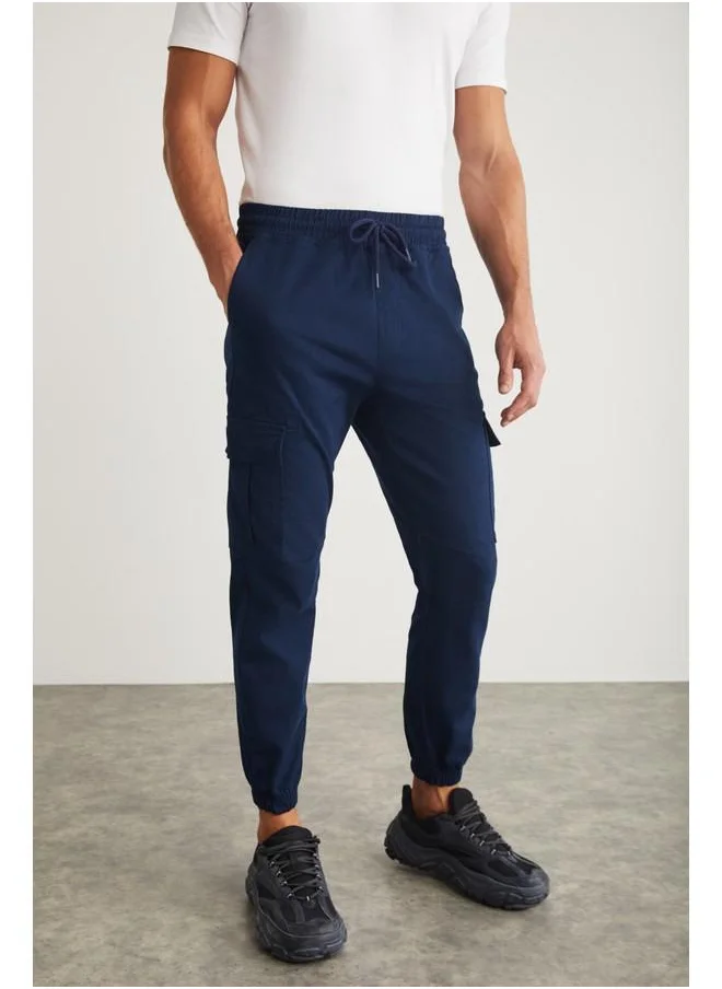 GRIMELANGE Grimelange Cargo Men's Woven Cargo Pocket Elastic Waist & Hem Navy Pants