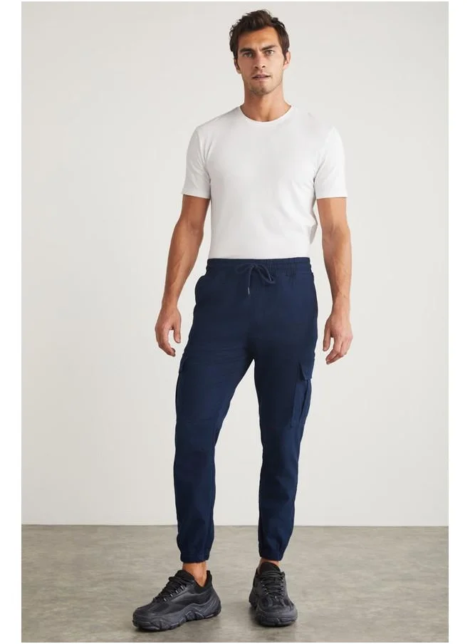 GRIMELANGE Grimelange Cargo Men's Woven Cargo Pocket Elastic Waist & Hem Navy Pants