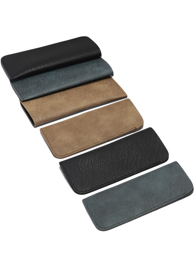 KISSUN 6 Pack Soft Leather Eyeglass Bags Portable Unisex Glasses Pouch Multiple Pens Sleeve Case Classic Color for Business Men Women Teen Student Scholars, Black, Blue, Light Brown, 6”x 2.8” x 1.2” - Image 1