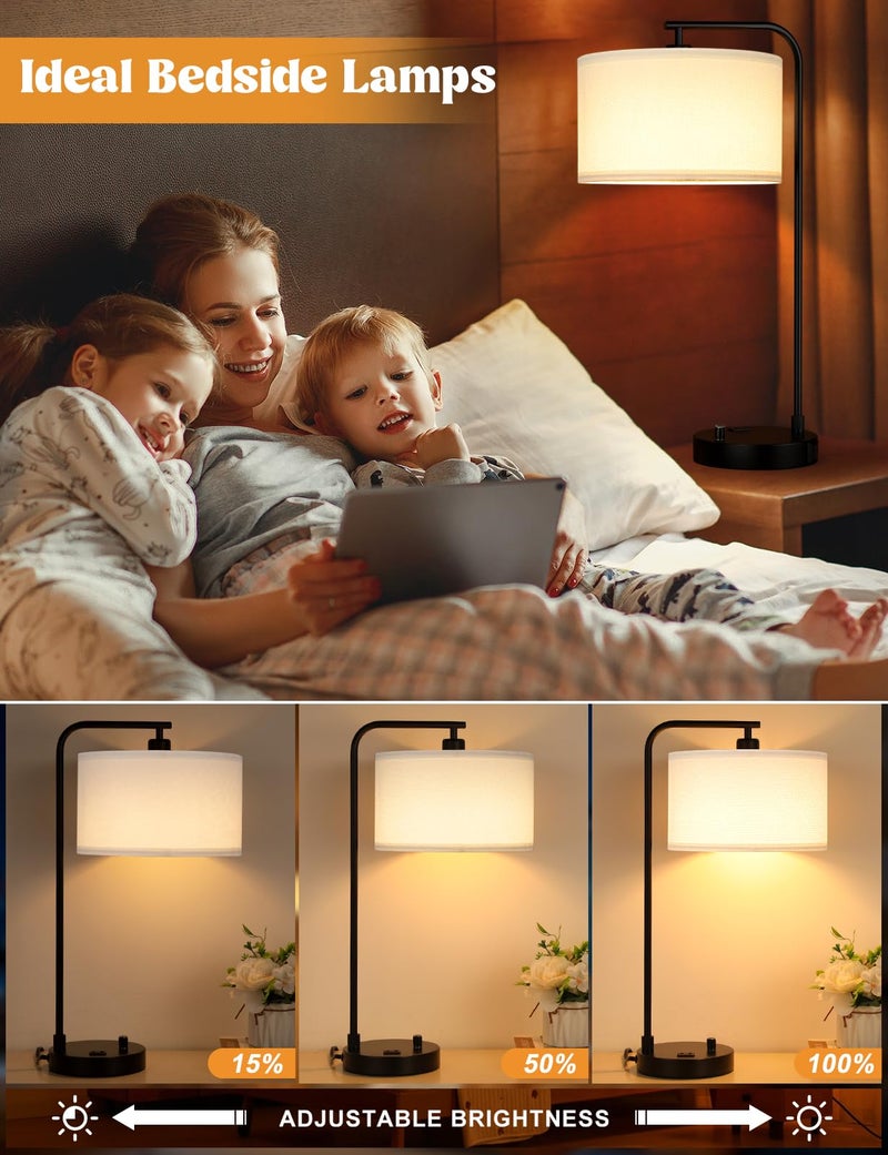 Innqoo White Side Table Lamp with USB Port and Outlet, Dimmable Nightstand Bedside Lamps with Linen Lampshade, Desk Lamp for Bedroom, Living Room, Guest Room, Home Office, LED Bulb Included - Image 3