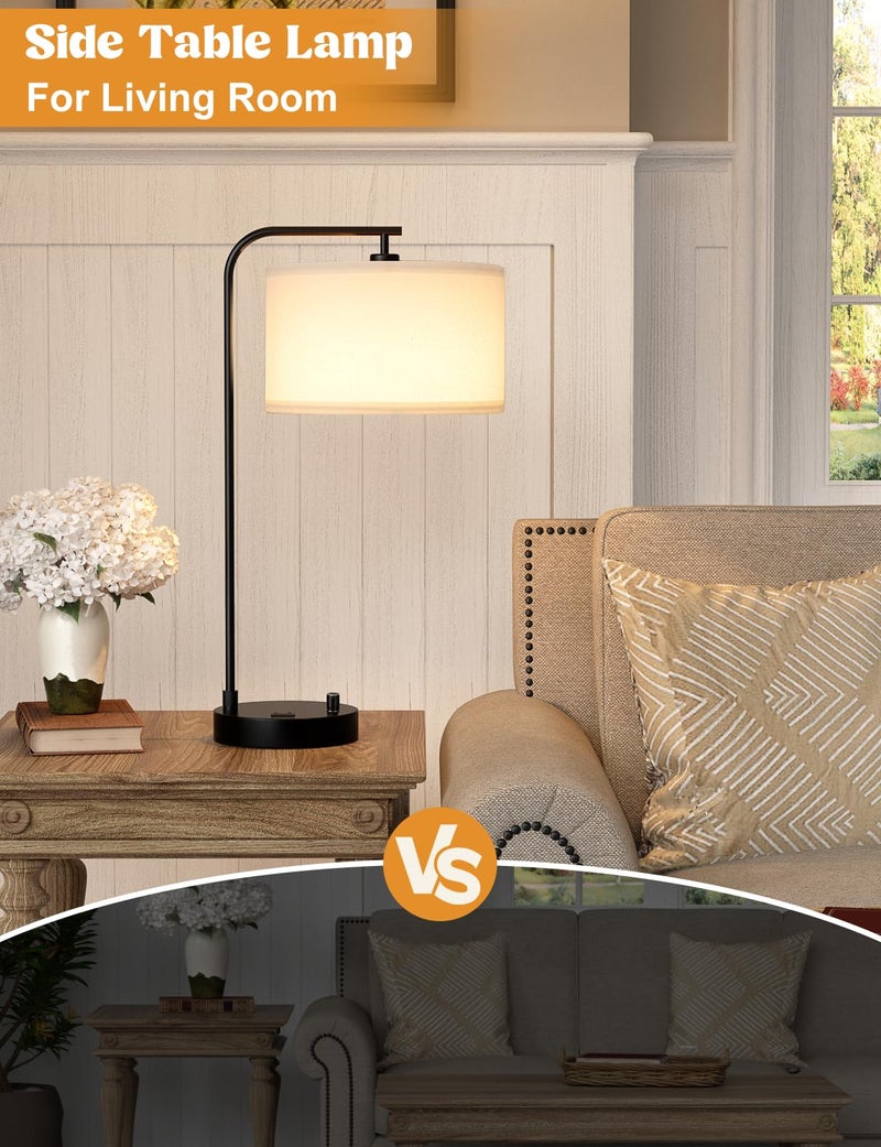 Innqoo White Side Table Lamp with USB Port and Outlet, Dimmable Nightstand Bedside Lamps with Linen Lampshade, Desk Lamp for Bedroom, Living Room, Guest Room, Home Office, LED Bulb Included - Image 5