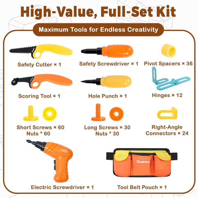 ZLemma Kids Cardboard Construction Tool Set with Electric Drill & Tool Belt -258PCS, STEM Building Kit for Creative Craft Projects, Educational DIY Engineering Toy for Boys & Girls - Image 3