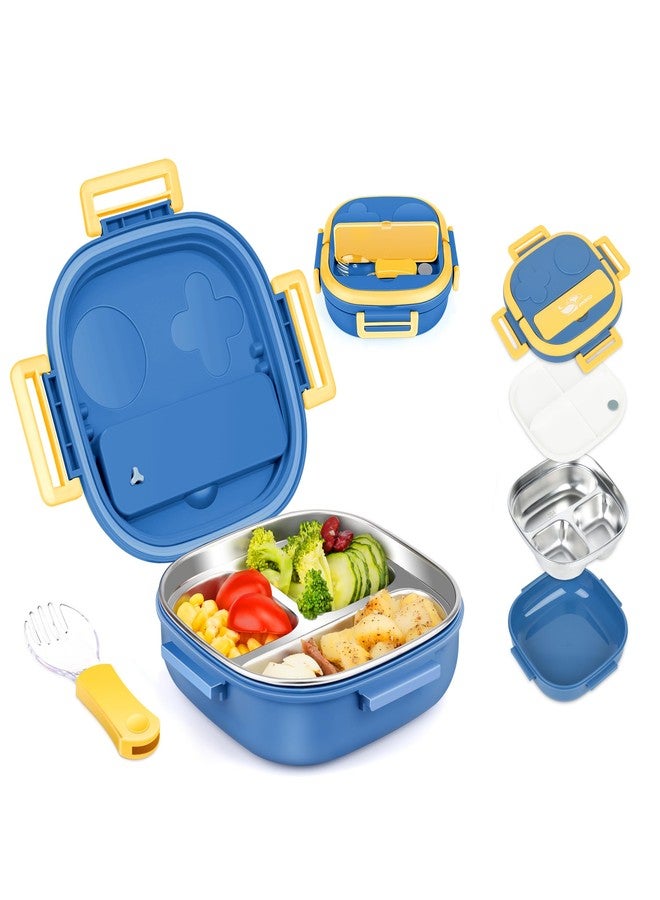 PEDECO Small Stainless Steel Bento Box for Toddlers (Ages 0-2) - 3-Compartment Lunch Set with Portable Cutlery - Leak-Proof, Dishwasher Safe & BPA-Free - Blue - Image 1