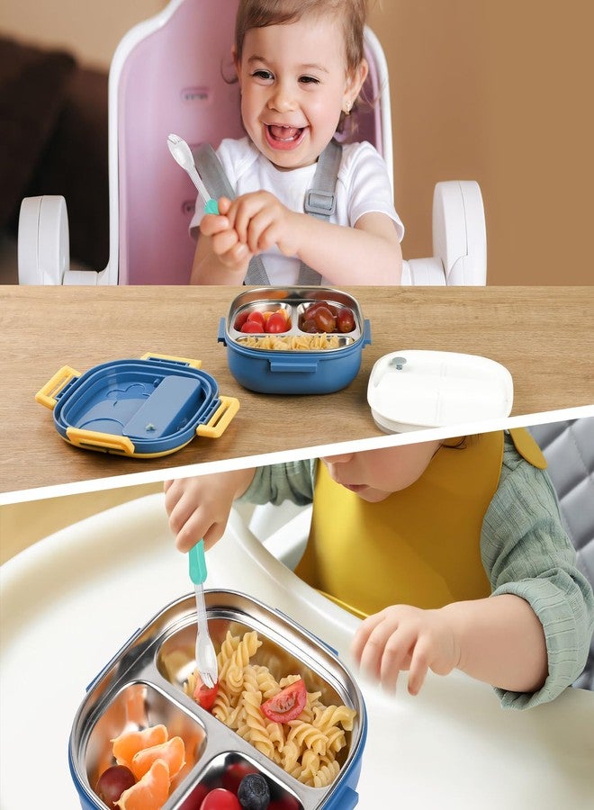 PEDECO Small Stainless Steel Bento Box for Toddlers (Ages 0-2) - 3-Compartment Lunch Set with Portable Cutlery - Leak-Proof, Dishwasher Safe & BPA-Free - Blue - Image 2