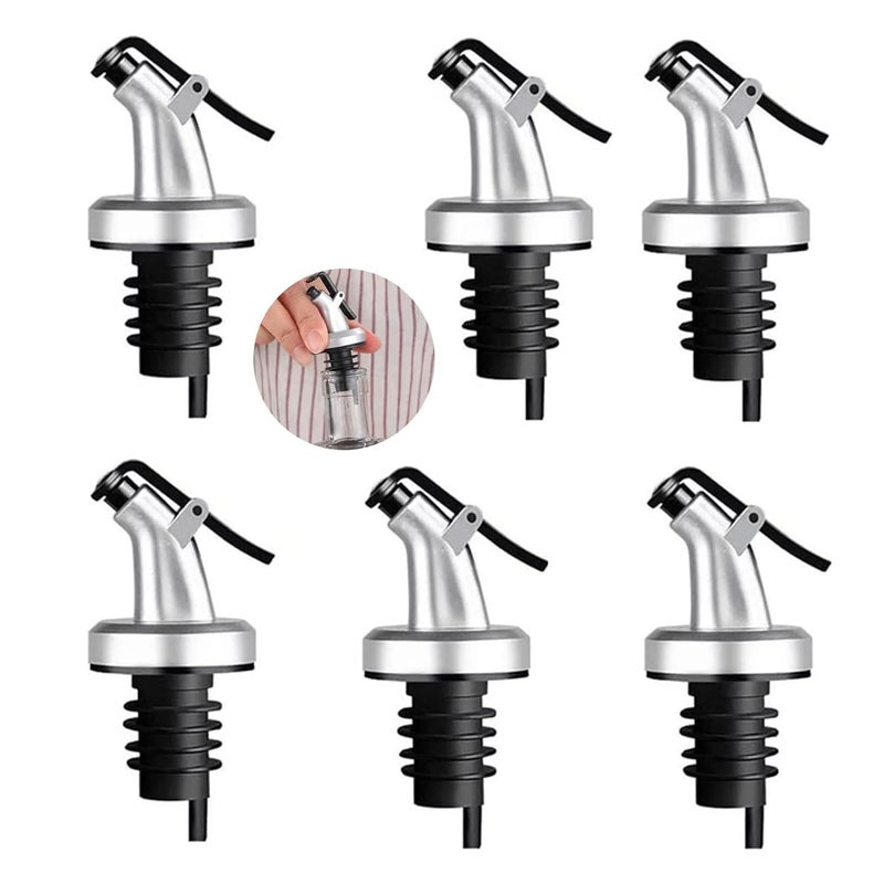 JIGSHTIAL غطاء زجاجة زيت موزع فوهة سدادة صب مضخة مقاومة للتسرب لزيوت الخل للمطبخ عبوة من 6 (أسود، فضي) - Image 1