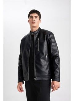 Man Slim Fit Stand- Up Collar Pu Coat