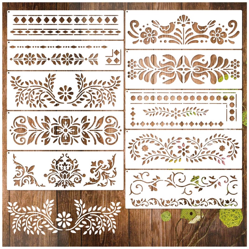 Yhliua Corner Border Stencils for Crafts, Mexican Flower Floral Lace Furniture Stencils for Painting on Wood Reusable Wood Burning Drawing Art Paint Patterns for Wall Cookie Canvas Floor(Border) - Image 1