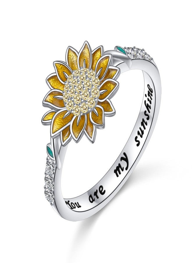 FLYOW Sunflower Ring 925 Sterling Silver Cubic Zirconial You are My Sunshine Band Flower Rings for Women Mom Wife Friend Christmas Valentine's Day Mother's Day Birthday Jewelry Size 10 - Image 1
