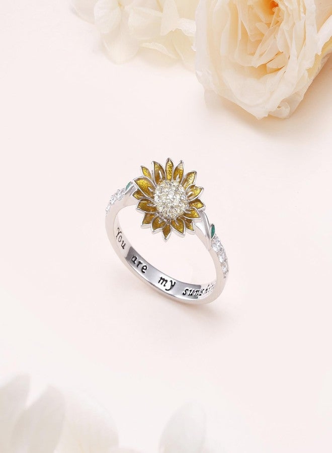 FLYOW Sunflower Ring 925 Sterling Silver Cubic Zirconial You are My Sunshine Band Flower Rings for Women Mom Wife Friend Christmas Valentine's Day Mother's Day Birthday Jewelry Size 10 - Image 4