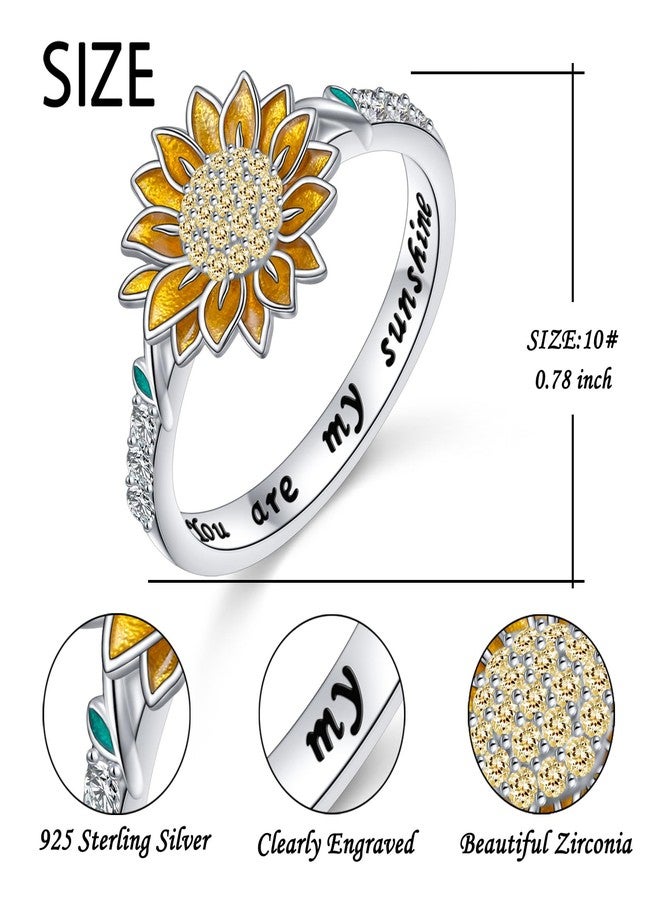 FLYOW Sunflower Ring 925 Sterling Silver Cubic Zirconial You are My Sunshine Band Flower Rings for Women Mom Wife Friend Christmas Valentine's Day Mother's Day Birthday Jewelry Size 10 - Image 5