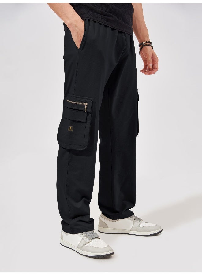 Maniac Mens Solid Black Oversized Cotton Cargo Pant - Image 1